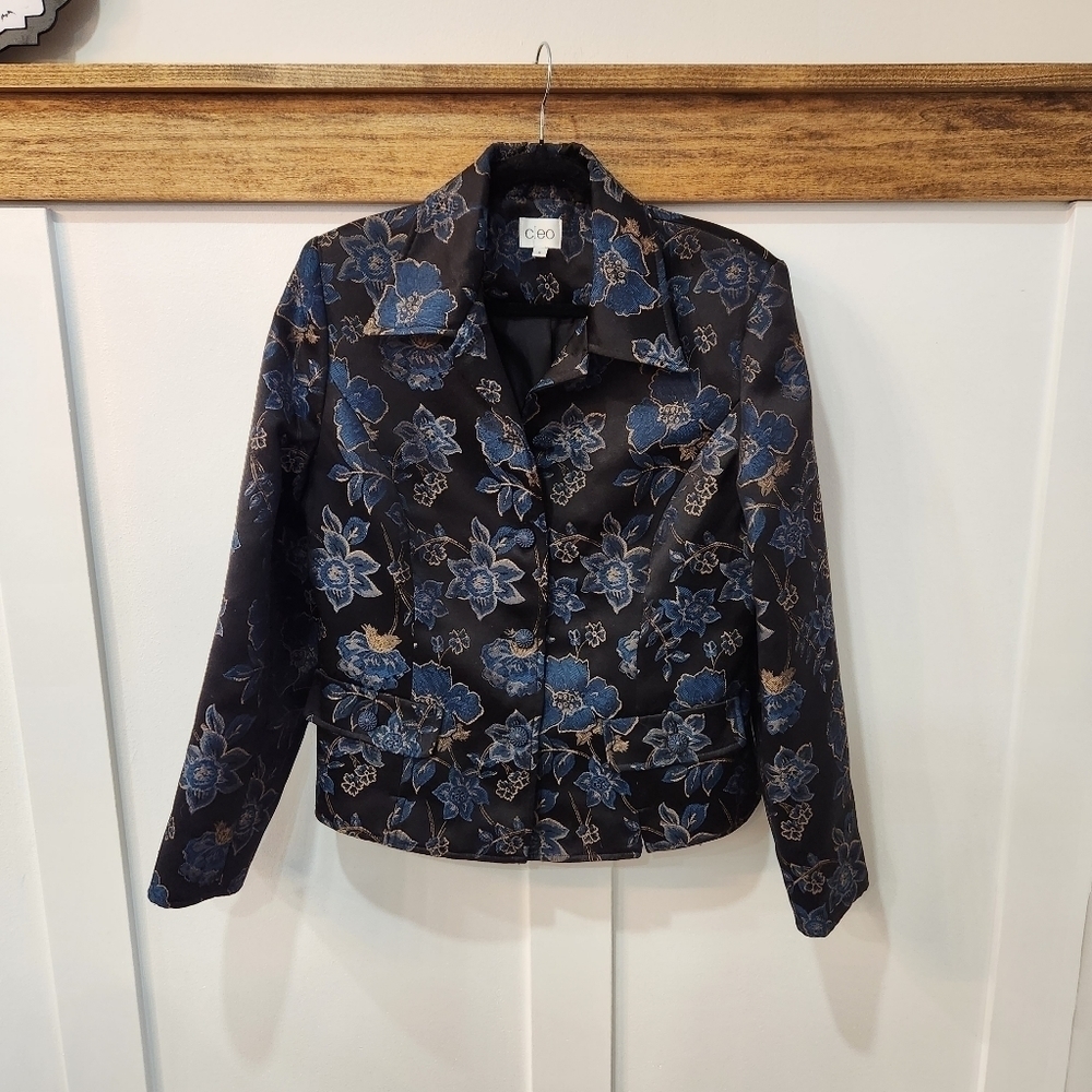 VINTAGE Womens Cleo Floral Tapestry Button Jacket Blue Black Size 8 EUC
